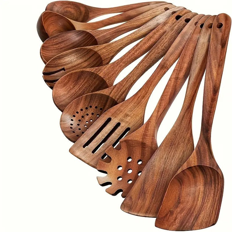 10pcs Non-stick Friendly Wooden Cookware Set | Heat Resistant, Ergonomic Handle, Comfortable Grip | Perfect for Stiring, Baking, Serving and Easy Cooking