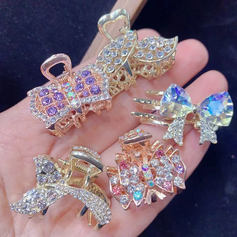 Random 10pcs Luxury Zirconia Women'S Bow Hair Accessories - Glamorous Flower Design Claw Clips, Colorful Non-Slip Grips, Elegant Hairpins for Styling and Weddings, Daily Wear, Hair