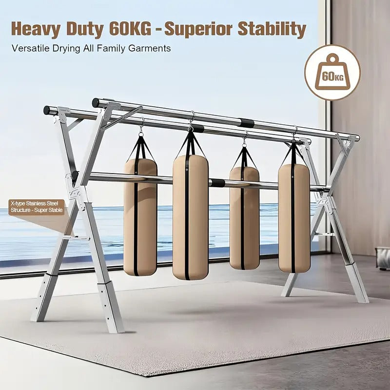 [Space-Saving Drying Rack] Foldable Adjustable Three Rod Metal Clothes Drying Rack | Space-Saving Storage for Indoor & Outdoor Use - Clothes, Blankets, Bedding, Mother's Day