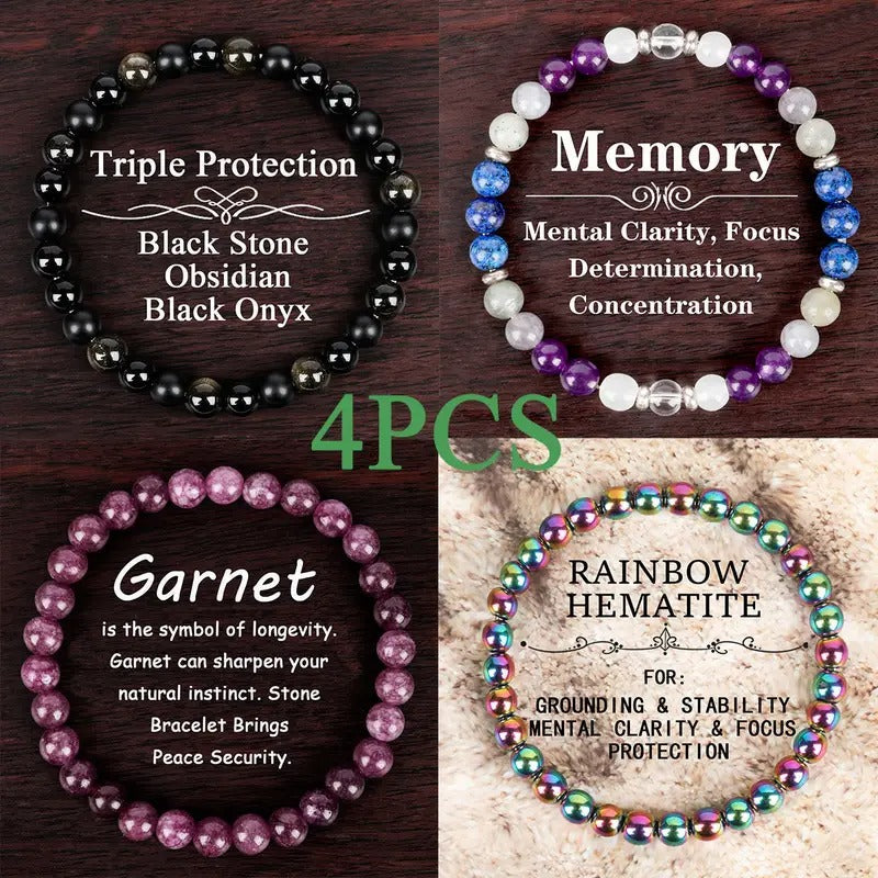 4pcs 6mm Beaded Bracelet Set with Obsidian Garnet Stone Red Iron Stone White Flash Stone White Lapis LazuliIdeal Gift for Men And Loved Ones, Jewel Set
