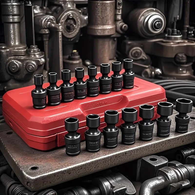 15pcs SEKETMAN Impact Universal Socket Set, 3/8"inch Drive, Swivle Head, Adjustable, 6 Point, Metric, 8-22mm, CR-MO STEEL Made, Professional Automotive Repair Tools