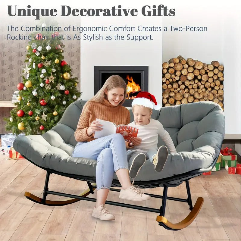 [Papasan Rocking Chair] Patio Rocking Chair Outdoor - Oversized Papasan Rocking Chair For 2 - E-Coated Steel Frame - Thick Cushion