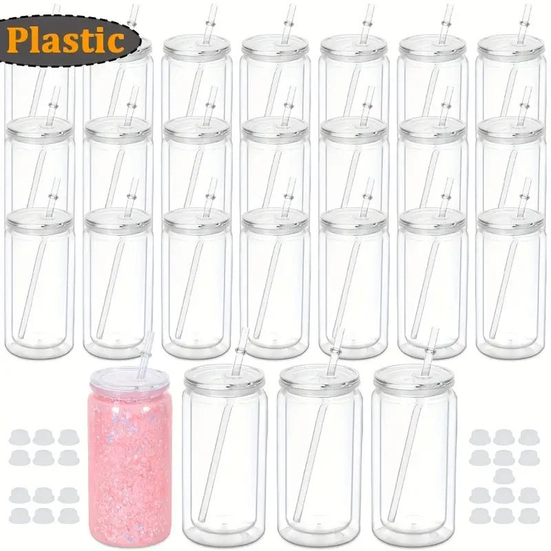 Set of 25 Clear 16Oz Double Wall Cups with Lids And Straws - Perfect for 4Th of July, Graduation Celebrations, And Summer Barbecues. These Leakproof, Reusable
