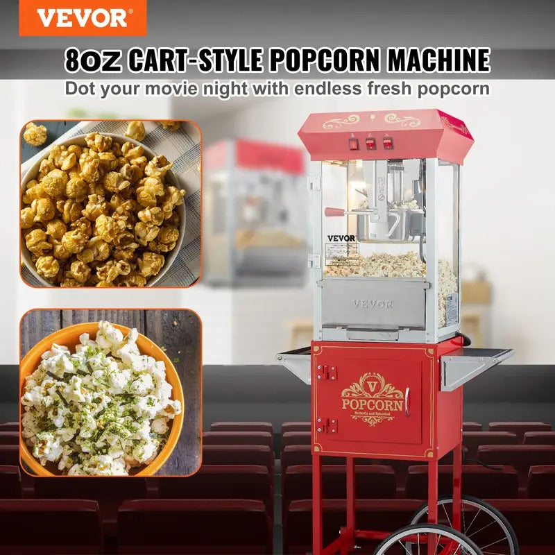 VEVOR Commercial Popcorn Machine, 8 Oz Kettle, 850 W Popcorn Maker on Wheels for 48 Cups per Batch, Popper with 3-Switch Control Steel Frame Tempered Glass Doors Cart 2 Scoops 2 Spoons, Red