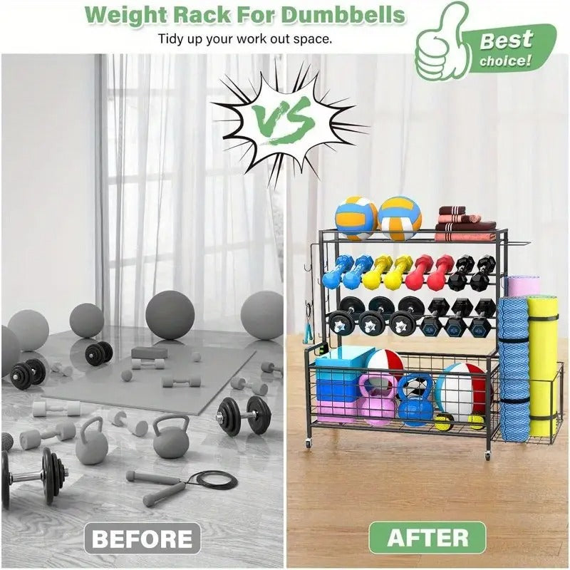 1 pcs Dumbbell Rack, Balls Workout Equipment Storage Organizer Yoga Mat with Hooks and Wheels