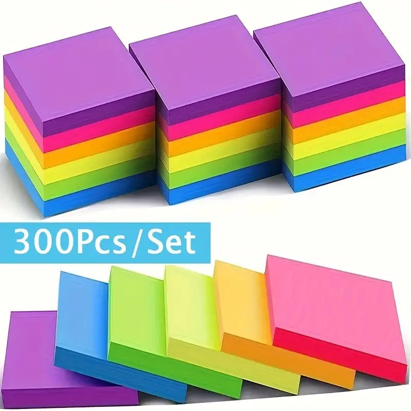 300pcs Bright Fluorescent Sticky Notes - Various Colors, Cute, Suitable for Students, Offices, Family Messages | Colorful Notebook Paper Reminder Notes