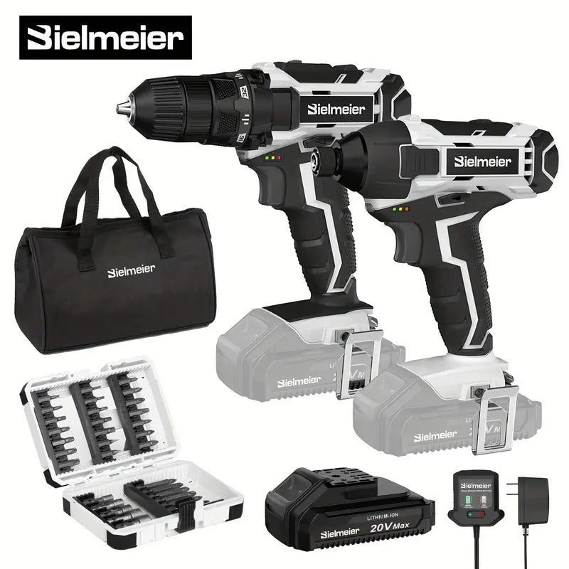 [20V Drill Driver Combo] Bielmeier 20V 2 Speed 3/8" Drill & 1/4" Impact Driver Combo Kit, Lightweight, 3200RPM Driving Speed, 1500RPM DRILLING Speed, With 33pcs Drive Bits And Sockets, Accessories Box, Tool Bag, Battery And Charger, For Home Repair, DIY