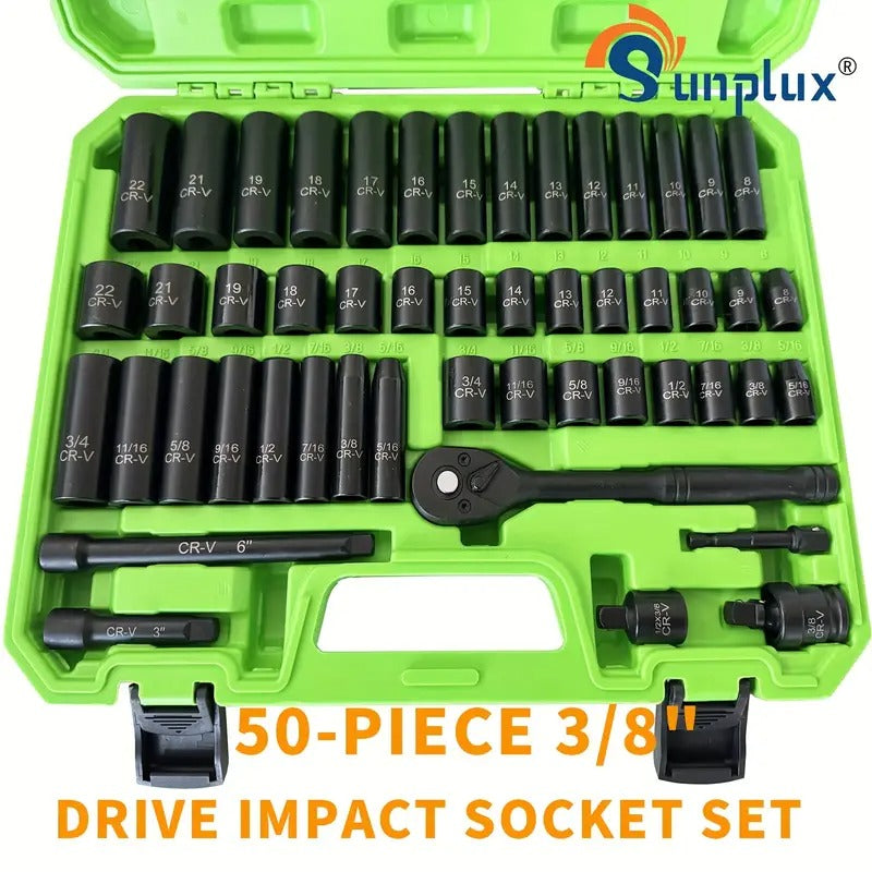 [Impact Socket Set] 3/8inch Drive Impact Socket Set, 50pcs Professional 6 Point Metric (8-22mm) & SAE (5/16-3/4Inch) Sockets, Chromium Vanadium Steel, with Adapters Ratchet Handle & Dedicated Suitcase Packaging. Nice Gifts