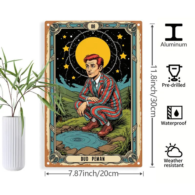 2D Flat, 1pc Dud Peman Tarot Illustration Aluminum Metal Wall Art - 8x12 Inch Mystical Night Sky Scene with Stars, Moon & Lake - Indoor/Outdoor Hanging Decorative Plaque for Home, Office, Cafe Decor, Mystical Wall Decor