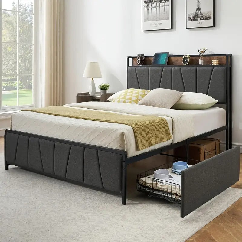 Full Size Bed Frame with 2 Storage Drawers, Linen Upholstered Platform Bed Frame with Storage Headboard And Charging Station, Heavy Duty, Easy to Assemble, No Box Spring Needed