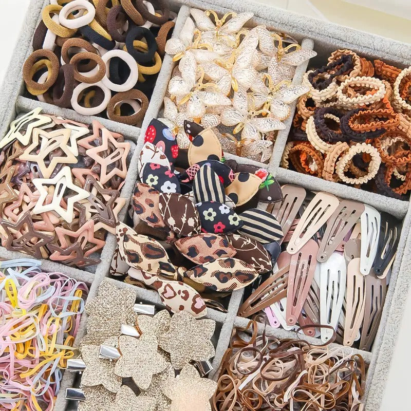 [Princess Hair Set] Women 852pcs Set Coffee Color Bow Star Simple Cute Princess Headdress Rubber Band Hair Ring Hairpin BB Clip Hair Grab Clip Hair Accessories Combination Set Daily Use Gift