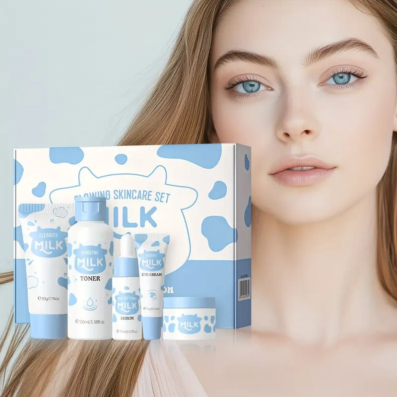 Milk Light Beige Care Set, Light Beige Care Routine Kit for Women, Travel Size Skincare Set with Milk Cleanser, Toner, Serum, Eye Cream, Face Cream, Skincare Gift Set, Mother's Day Christmas Birthday Gifts for Women Men