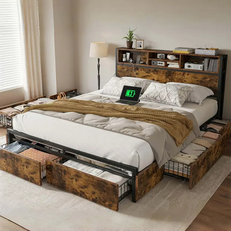 EnHomee Queen Bed Frame With 6 Storage Drawers Queen Bed Frame With Headboard, With Charging Station, No Noise, No Box Springs Needed, Vintage Brown