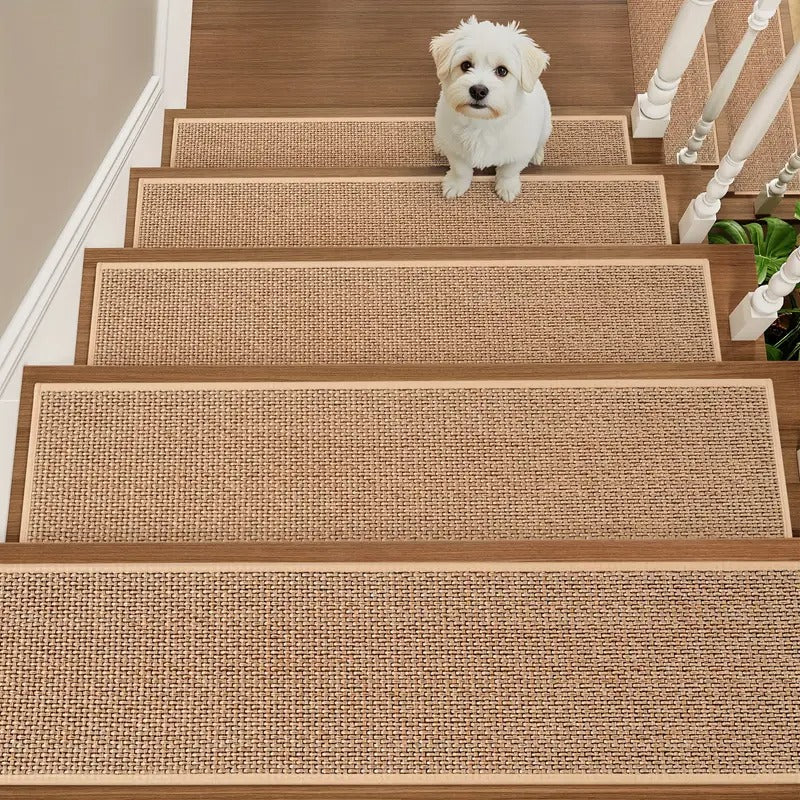 15pcs Beige Stair Step 8x30 Inch Non-Slip Rubber Bottom Thickened Design Suitable for Wooden Floors/Tile Steps Machine Washable Woven Fabric Ideal for Youngsters, Pets, and Seniors Indoor/Outdoor Use