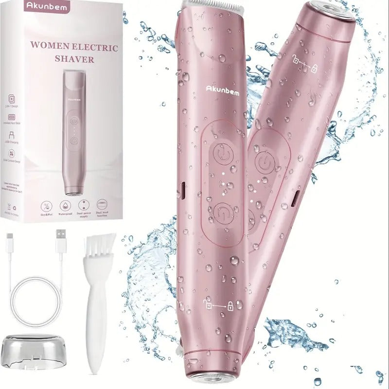 Bikini Trimmer for Women - 2-IN-1 Painless Electric Razors for Light Beige, Cordless Body Shaver for Trip, Replaceable Lady Facial Razor, IPX7 Waterproof&Easy Cleaning, Ceramic Blade, USB Charging for Women&Men Gifts