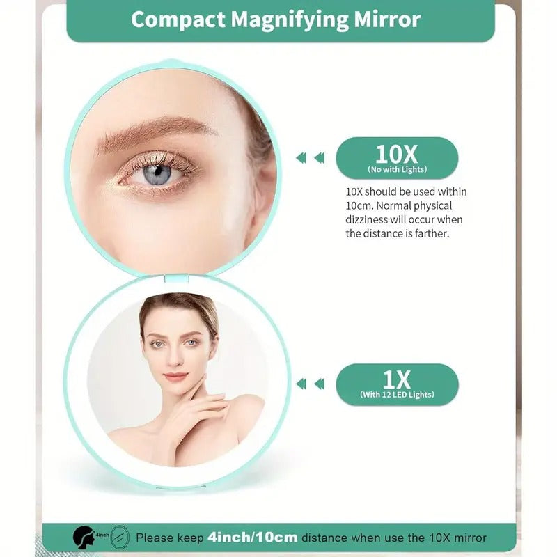 LED Lighted Travel Makeup Mirror, 1x/ 10x Magnification, Compact, Portable for Handbag, Purse, Pocket, 3. 5 inch Illuminated, Folding, Handheld, 2- Sided, Round, Cyan, Pocket Mirror,