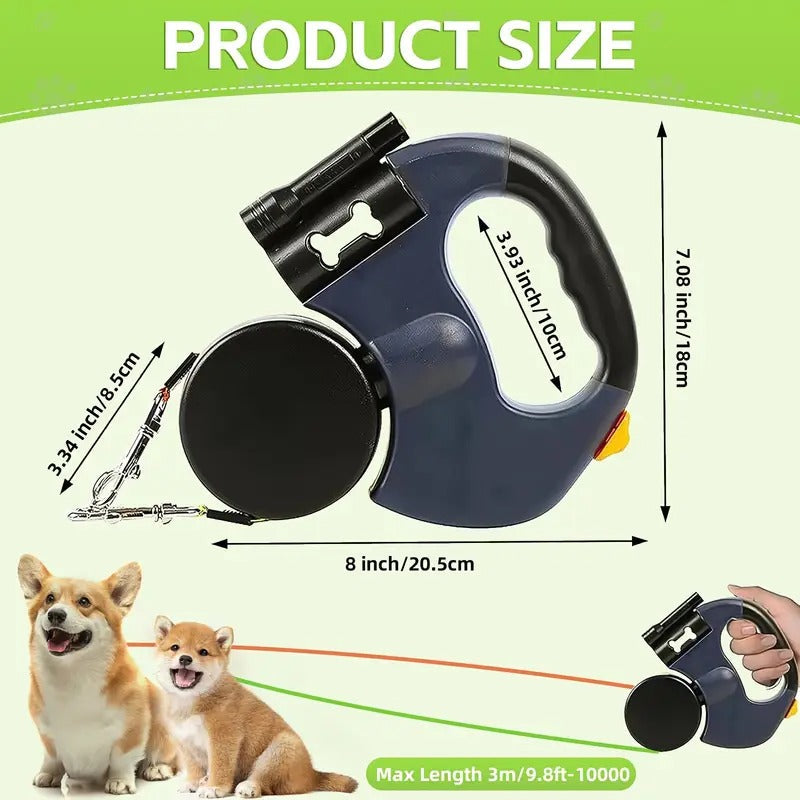 Dog Automatic Double Leash Tractor, Double Head Retractable Dog Leash, One Tow Two Dog Tractor, Anti Knot Leash with Waste Bag Storage Space and Night Light, Suitable for Two Dogs and Multiple Dogs