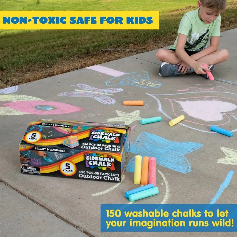 150pcs Sidewalk Chalk Set In 30pcs for Kids, 5 Colors, Giant Box Non-Toxic Jumbo Washable Chalk for Outdoor Art Play, Painting On Chalkboard, Kitchen, Blackboard, Playground,