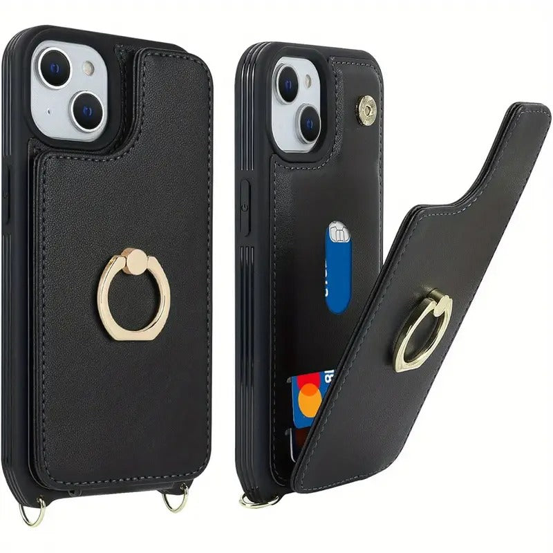 For Iphone 14 Case Designed for Women Featuring a Card Holder And Strap, Includes a Crossbody Lanyard, Ring Stand, Snap Clasp, And Fits 6.1 Inch Phones (Black).