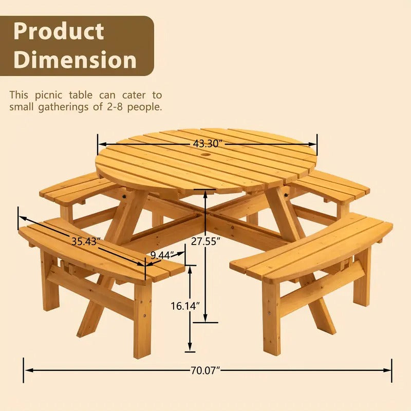 [Wooden Picnic Table] 8 Person Wooden Picnic Table | Outdoor Camping Dining Table with Seat, Garden, DIY W/ 4 Built-in Benches, 2220lb Capacity - Natural Easter
