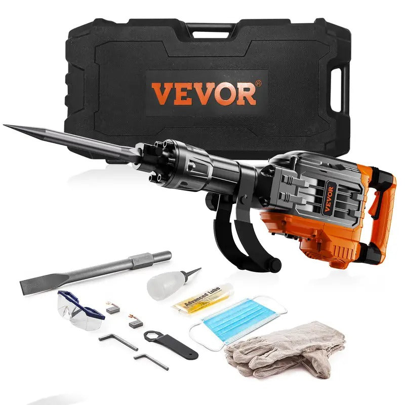 VEVOR Demolition Jack Hammer, 3500W Jack Hammer Concrete Breaker, 2pcs Chisel with Gloves & 360°C Swiveling Front Handle for Trenching, 1900 BPM Heavy Duty Electric Jack Hammer, Orange/Black