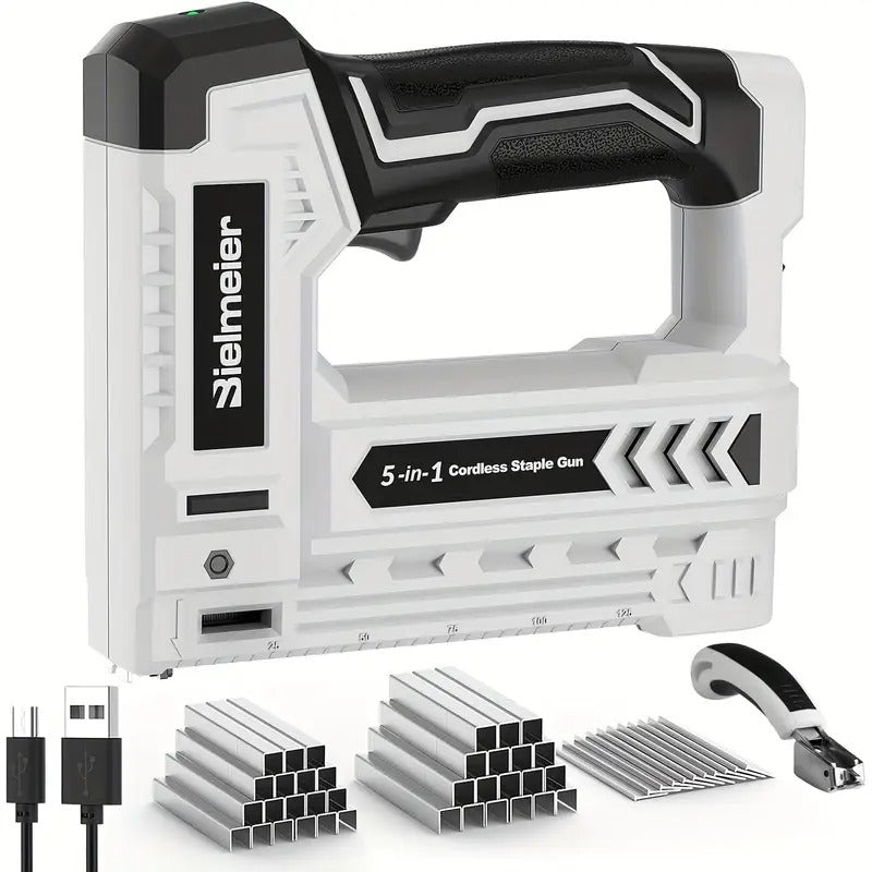 Bielmeier Cordless Staple Gun 5-in-1 Nail/Brad Nailer - Heavy-Duty Lithium-Ion (18650) Battery-Powered, with 2000 Staples & Nails, USB Type-C Fast Charging, Compact & Portable for DIY, Upholstery, Wood, Home Projects - Ideal