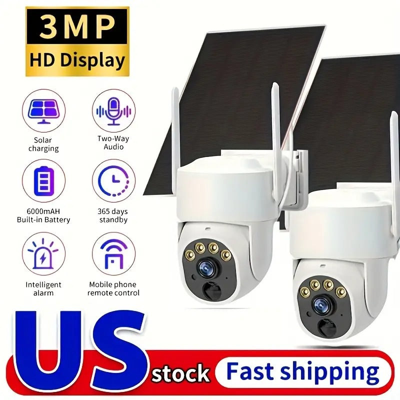 2pcs Wireless WiFi Outdoor Security Camera, Solar Powered Camera, Pan Tilt 360° View, PIR Human Detection, Color Night Vision, Wireless Surveillance Camera, Suitable for Home Security, Outdoor Farm, Remote Monitoring