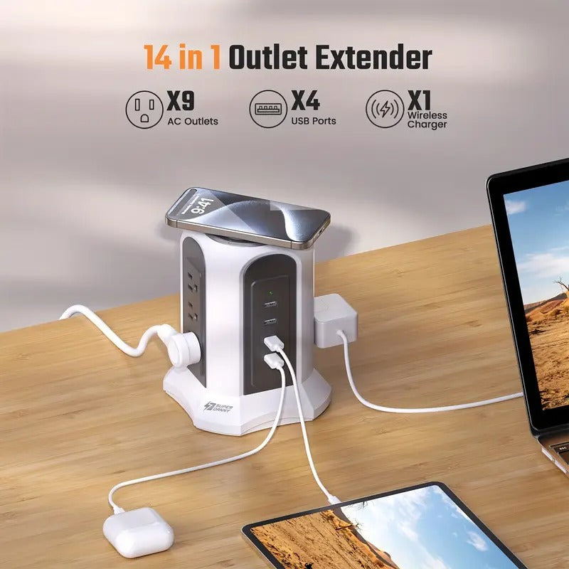 Wireless Charger Power Strip Tower Surge Protector 8.8ft Long Extension Cord 10A 9-Outlet 4.5A 4 USB Electrical Charging Station Universal Socket for Laptop Phone White And Gray