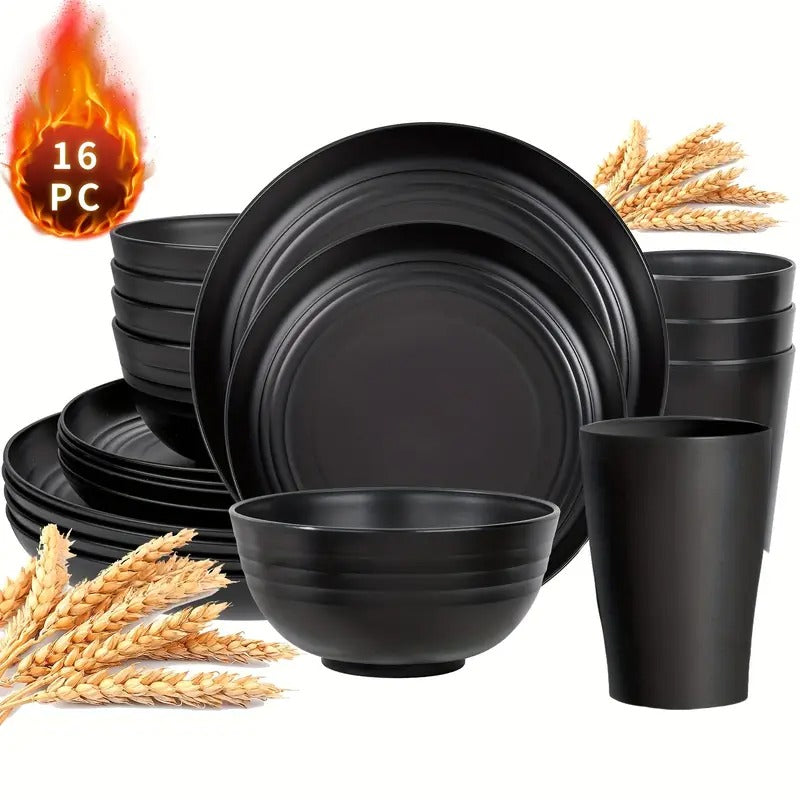 Black Wheat Straw Dinnerware Sets, Plates And Bowls Sets for 8, Black Plastic Dinnerware Sets, Microwave Dishwasher Safe Plates, Dishes Set for 8 for Valentine's Day, Party