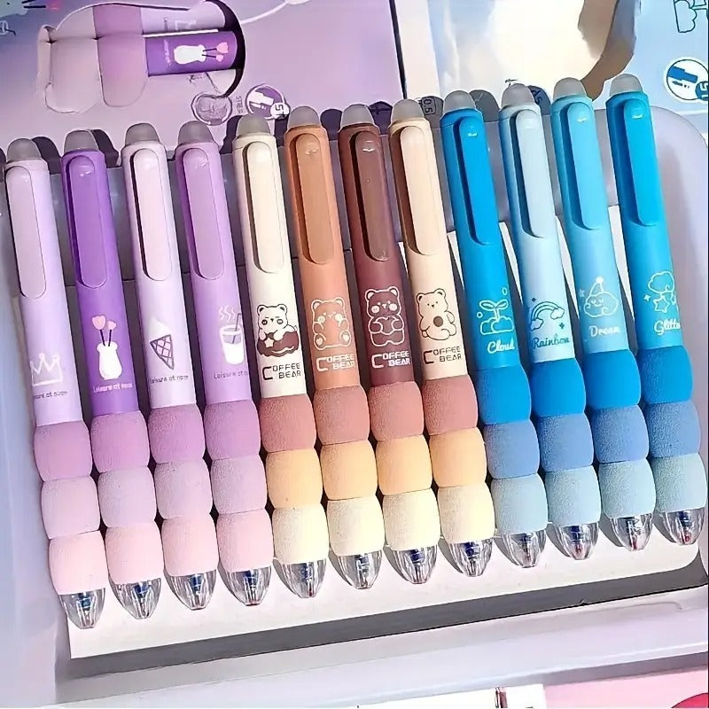 12-Pack Cute Cartoon Erasable Gel Pens With Soft Grip, Retractable 0.5mm Fine Point & Black Ink - Kawaii Animal & Food Designs, Journaling - Back-to- Supplies, Gift For S, Cute Pens, Writing Tools