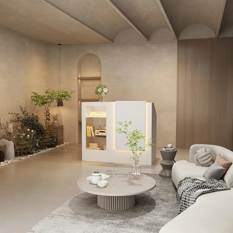 [Modern LED Reception Desk] Modern Reception Desk - Multi-functional with LED Lighting and Organized Storage Compartments