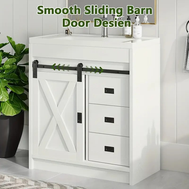 Farmhouse Bathroom Vanity With Sink, White Sliding Barn Door Bathroom Vanity Cabinet With Storage Drawers, Small Single Bath Storage Vanity Sink, Valentines Decorations For Home