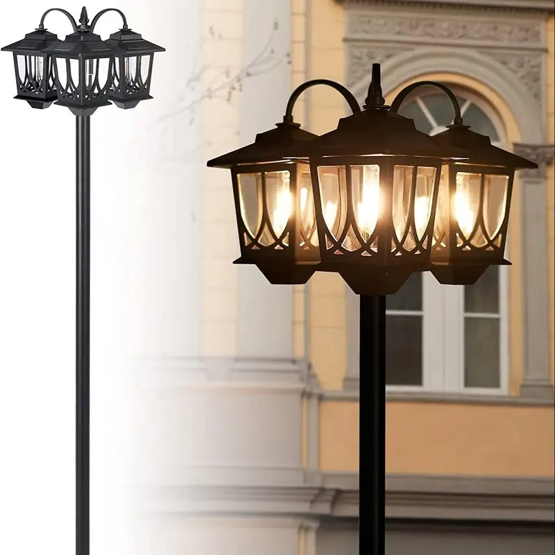 1pc Solar-Powered Outdoor Lamp Post Lighting, 3-Head Dusk to Dawn Black Polished Metal Post Lights for Backyard, Garden, Patio, Driveway, Pathway, and Porch
