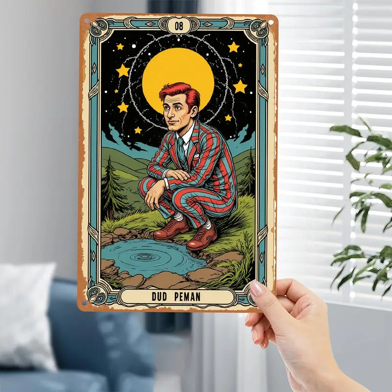 2D Flat, 1pc Dud Peman Tarot Illustration Aluminum Metal Wall Art - 8x12 Inch Mystical Night Sky Scene with Stars, Moon & Lake - Indoor/Outdoor Hanging Decorative Plaque for Home, Office, Cafe Decor, Mystical Wall Decor