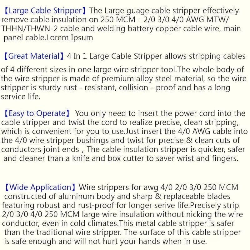 [Wire Stripping Tool] Commercial/Industrial/Workshop Use Wire Stripping Tool | Cable Stripper Tool Gauge Wire Stripper For AWG 2/0 250MCM 3/0 4/0 Electrical Tools, Wire Strippe, 21051 Large Cable Stripper (2/0-250 MCM), Removal Of Cable Insulation