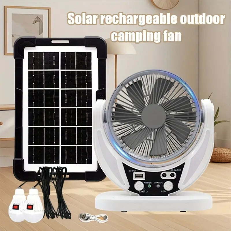 Solar Rechargeable Outdoor Camping Fan with Integrated Solar Panel, USB Charging, LED Emergency Lights, Adjustable Wind Speed & Angle, Ideal for Power Outages, Portable Solar Fan, Emergency Lighting