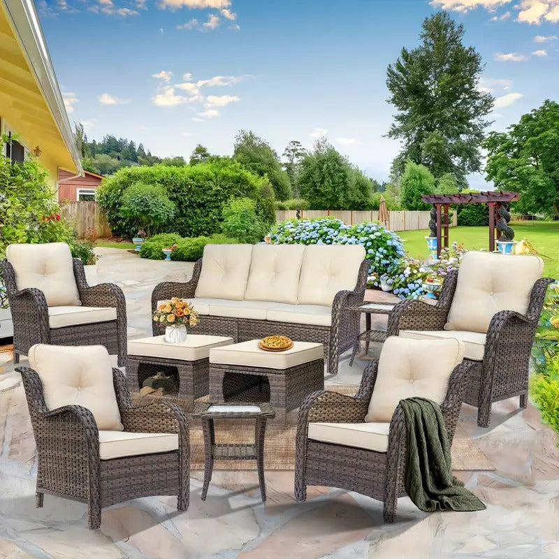 A Set Of 9 Hand-woven Wicker Outdoor Single Chairs, Featuring A High-backrest Sofa And Multi-functional Ottomans, Tempered Glass Small Side Table, High-quality Brown Wicker with Beige Cushions, An Ideal Choice for Outdoor Patio Conversation Sets