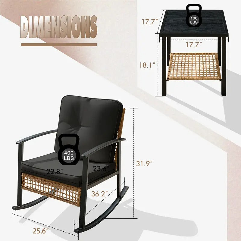 3pcs Outdoor Wicker Rocking Bistro Set, Patio Furniture with Coffee Table & Thick Cushions, 2 Rattan Rocking Chairs for Porch, Garden, Balcony, Backyard, Black