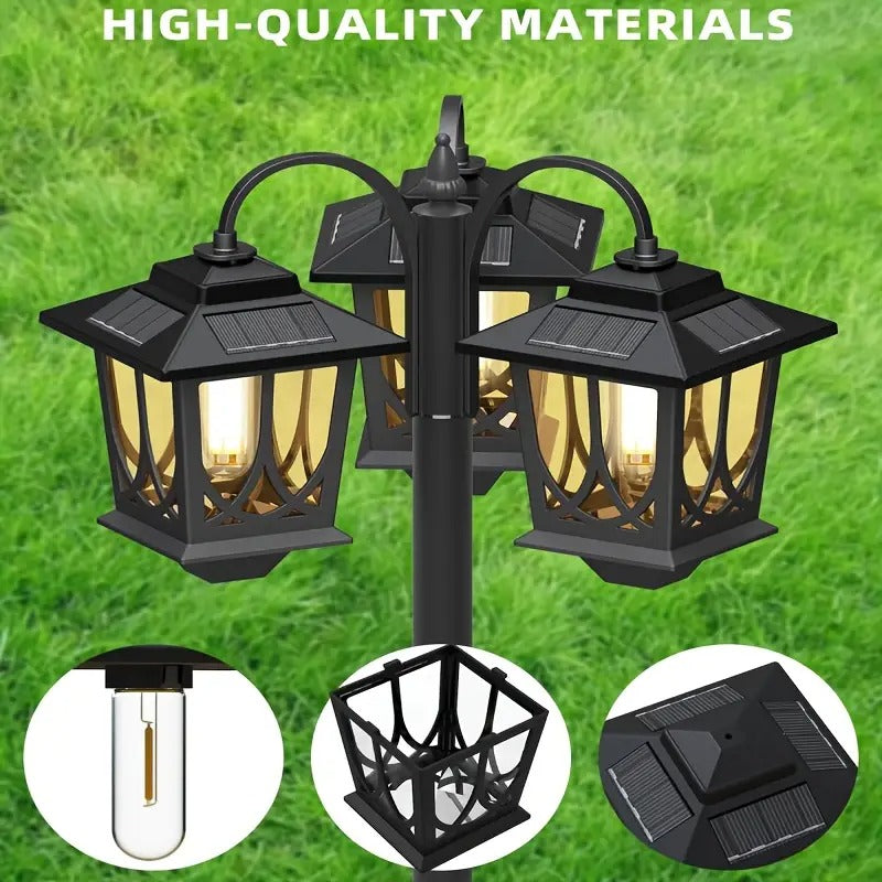 1pc Solar-Powered Outdoor Lamp Post Lighting, 3-Head Dusk to Dawn Black Polished Metal Post Lights for Backyard, Garden, Patio, Driveway, Pathway, and Porch