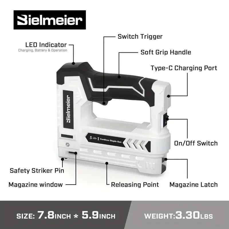 Bielmeier Cordless Staple Gun 5-in-1 Nail/Brad Nailer - Heavy-Duty Lithium-Ion (18650) Battery-Powered, with 2000 Staples & Nails, USB Type-C Fast Charging, Compact & Portable for DIY, Upholstery, Wood, Home Projects - Ideal