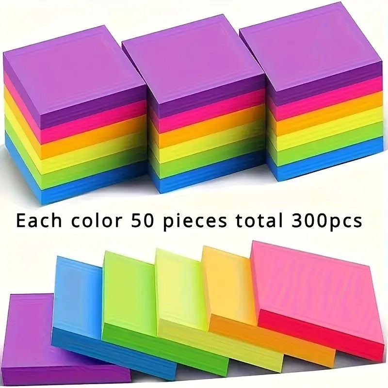 300pcs Bright Fluorescent Sticky Notes - Various Colors, Cute, Suitable for Students, Offices, Family Messages | Colorful Notebook Paper Reminder Notes