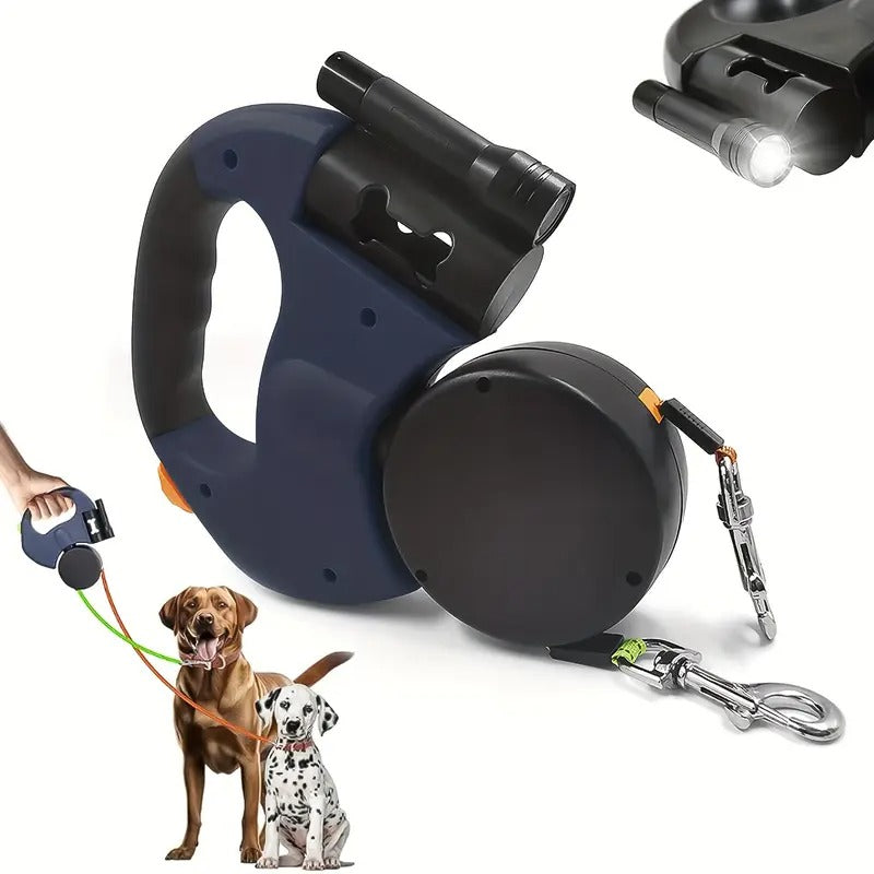 Dog Automatic Double Leash Tractor, Double Head Retractable Dog Leash, One Tow Two Dog Tractor, Anti Knot Leash with Waste Bag Storage Space and Night Light, Suitable for Two Dogs and Multiple Dogs