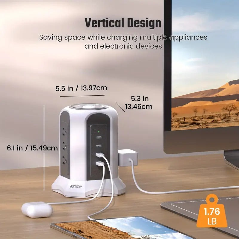 Wireless Charger Power Strip Tower Surge Protector 8.8ft Long Extension Cord 10A 9-Outlet 4.5A 4 USB Electrical Charging Station Universal Socket for Laptop Phone White And Gray