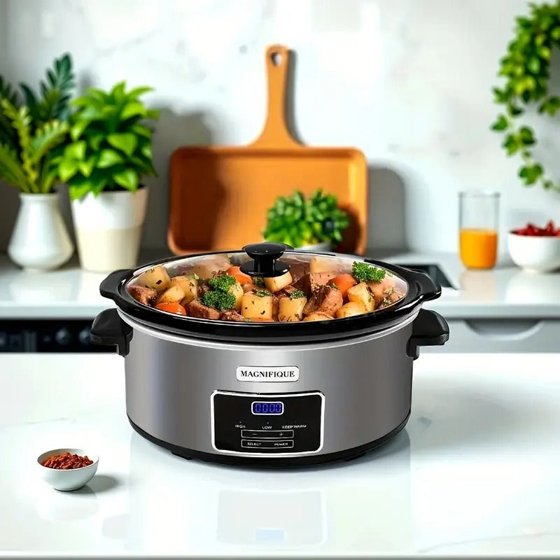 8-Quart Digital Programmable Slow Cooker with Timer - Small Kitchen Appliance for Family Dinners - Serves 10+ People - Heat Settings: Keep Warm, Low and High