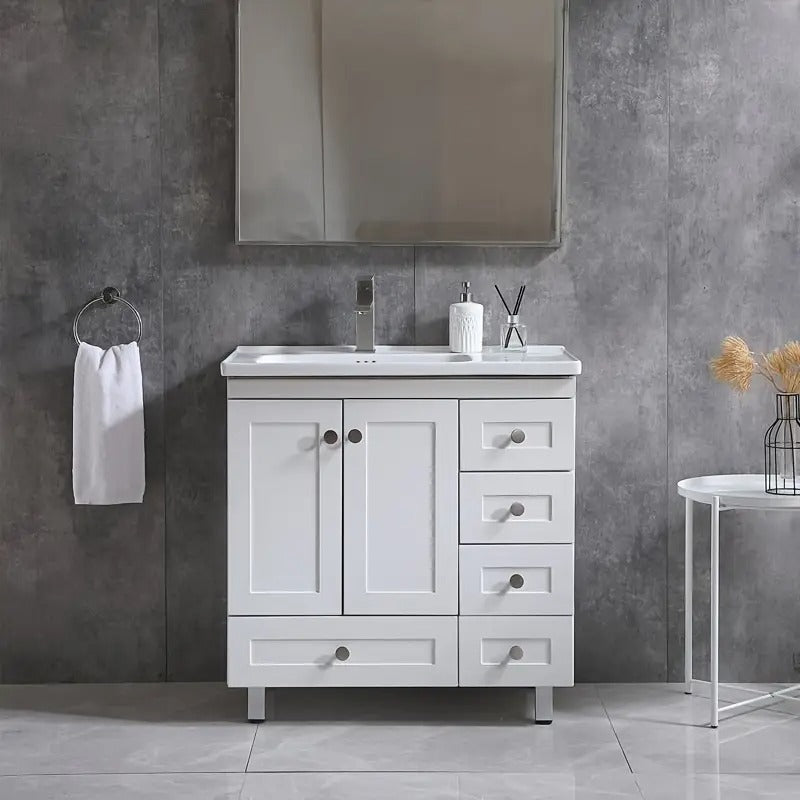 32" White Modern Freestanding 2 Door& 5 Drawer Single Bathroom Vanity Set With Ceramic Sink