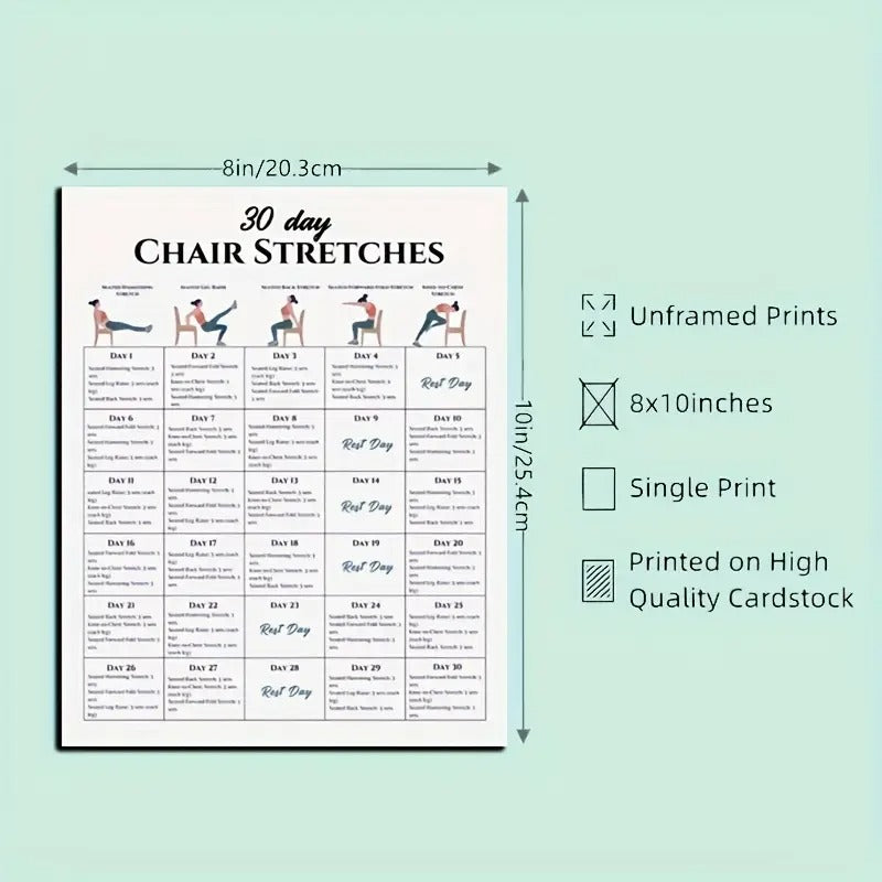 [2D Flat] 30-Day Chair Workout Poster Set - Full Body Exercise & Yoga Guide, Stretching, and Fitness Challenges, 6pcs, 8x10" Frameless, Paper Material,