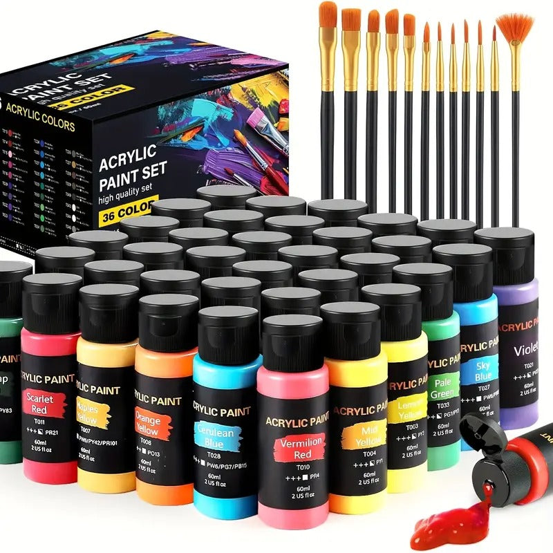 36/48 Colors Painting Supplies (2oz) with 12 Art Brushes, for Painting Canvas, Ceramic & Fabric, Rich Pigments Lasting Quality for Beginners & Professional, Christmas & Halloween, Back to School