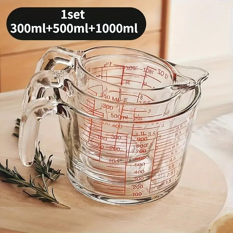 Three-piece Set Of Large-capacity Heat-resistant Thickened Glass Measuring Cup Microwave Heating Glass Scale Cup with Handle Breakfast Milk Cup Kitchen Baking 11.83oz 16.91oz 33.81oz Three Capacities