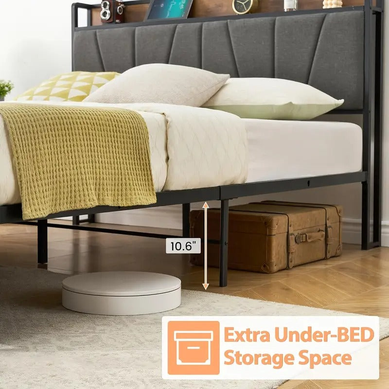 Full Size Bed Frame with 2 Storage Drawers, Linen Upholstered Platform Bed Frame with Storage Headboard And Charging Station, Heavy Duty, Easy to Assemble, No Box Spring Needed