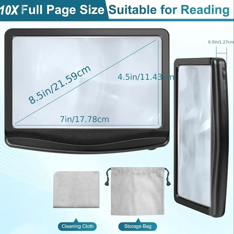 10X Magnifying Glass with Light - Large Bright LED Full Page Magnifier, Lightweight Handheld Rectangular Design for Reading Small Prints, Seniors & Low Vision